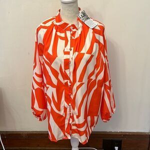 Prettywear orange white long sleeve button front henley collar blouse Size M New